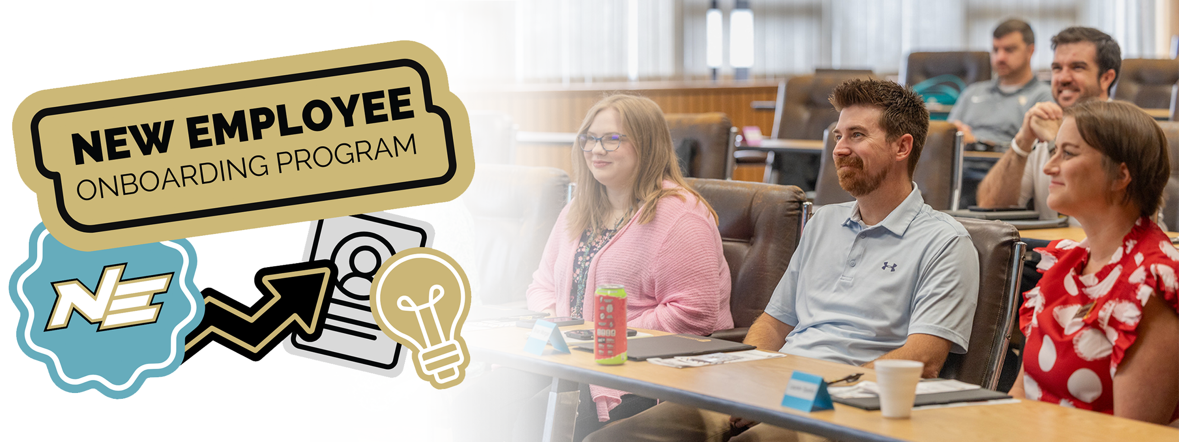 Graphic reading “New Employee Onboarding Program” next to employees seated in a training session.