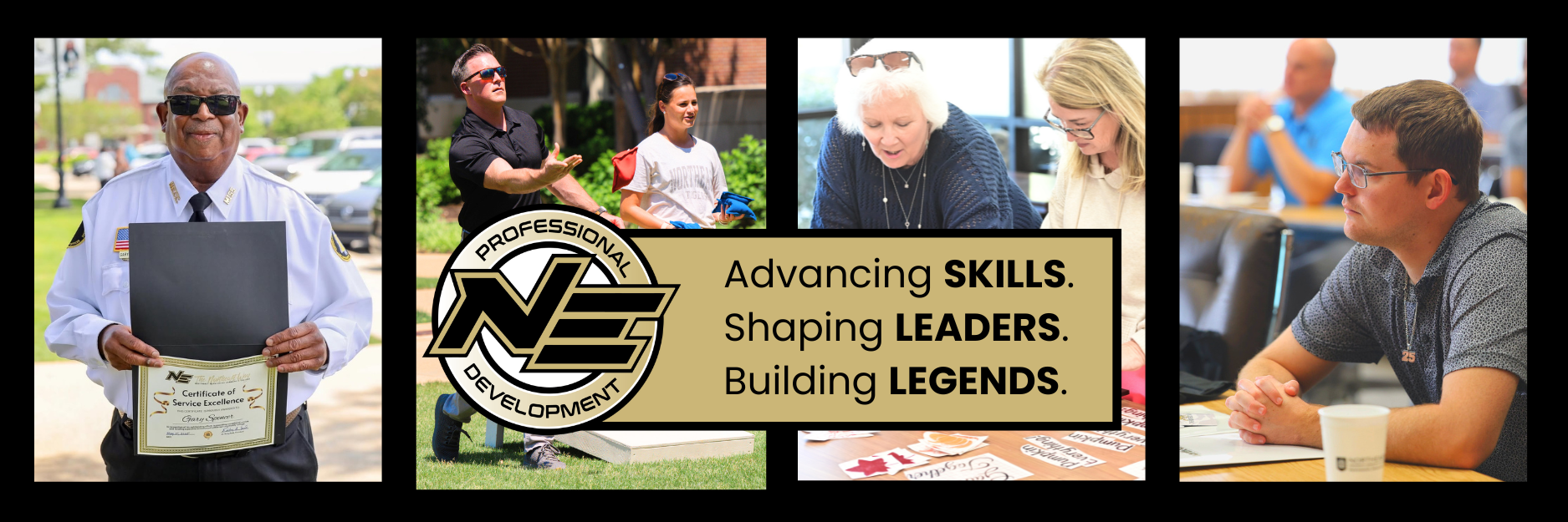 Collage promoting Professional Development, featuring the NE logo and the slogan “Advancing skills. Shaping leaders. Building legends.” alongside photos of people in training and an award recipient.