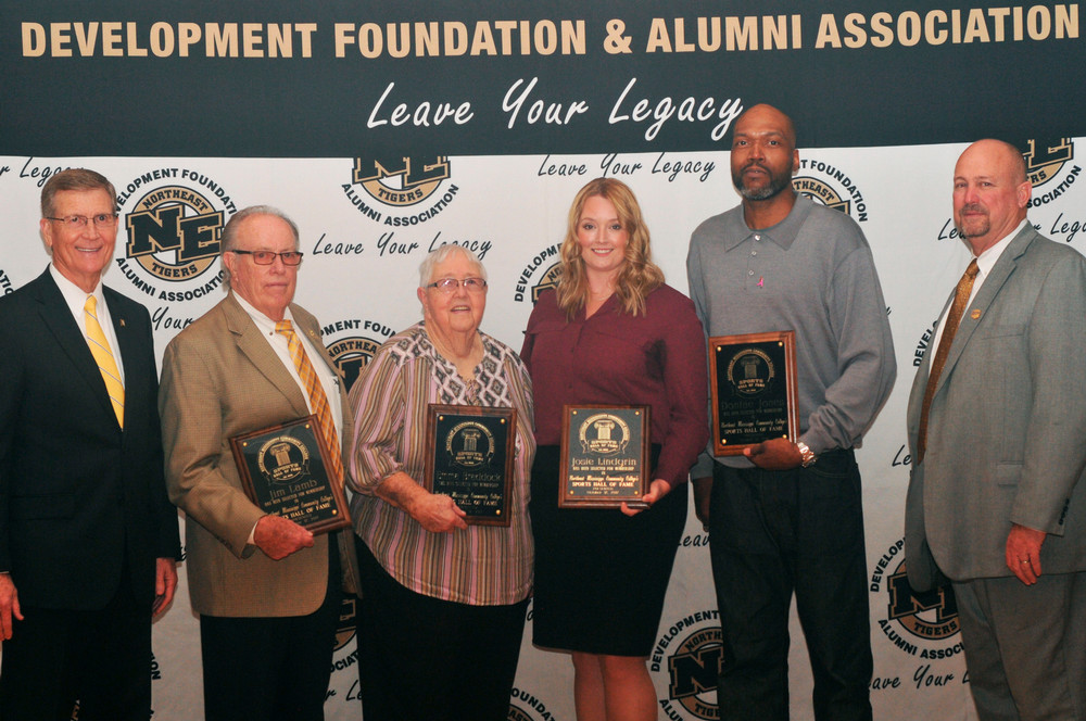 President Ford, Inductee Emma Braddock, Inductee Josie Lindgrin, Inductee Dontae Jones, and Athletic Director Kent Farris