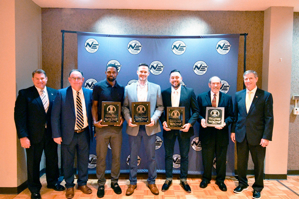 VP of Institutional Advancement and Foundation Director Patrick Eaton, VP Ray Scott, Inductee Jerome Woods, Inductee Mitch McNeely, Inductee Brandon Farley, Inductee Millard Lothenore, and President Ricky Ford
