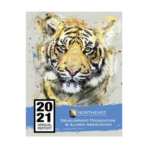 cover graphic for the 2021 foundation annual report featuring an artistic painting of a tiger with blue accent colors