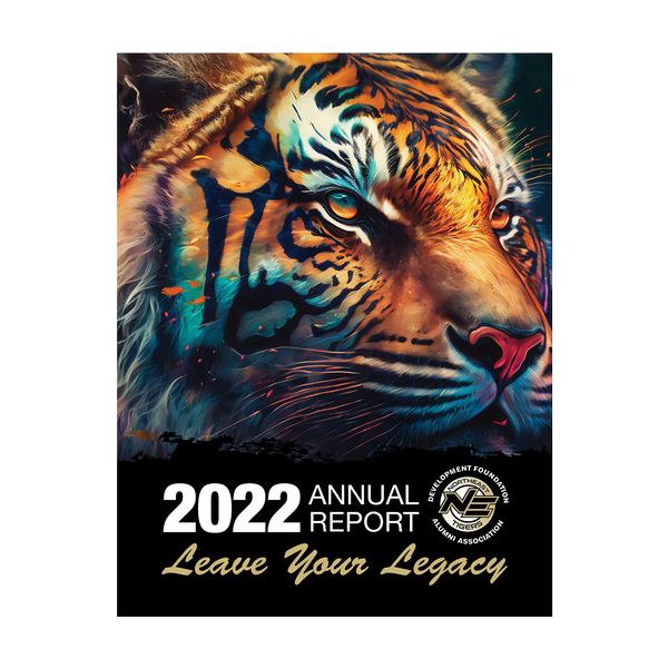 cover graphic for the 2022 foundation annual report featuring a colorful tiger head looking off the page