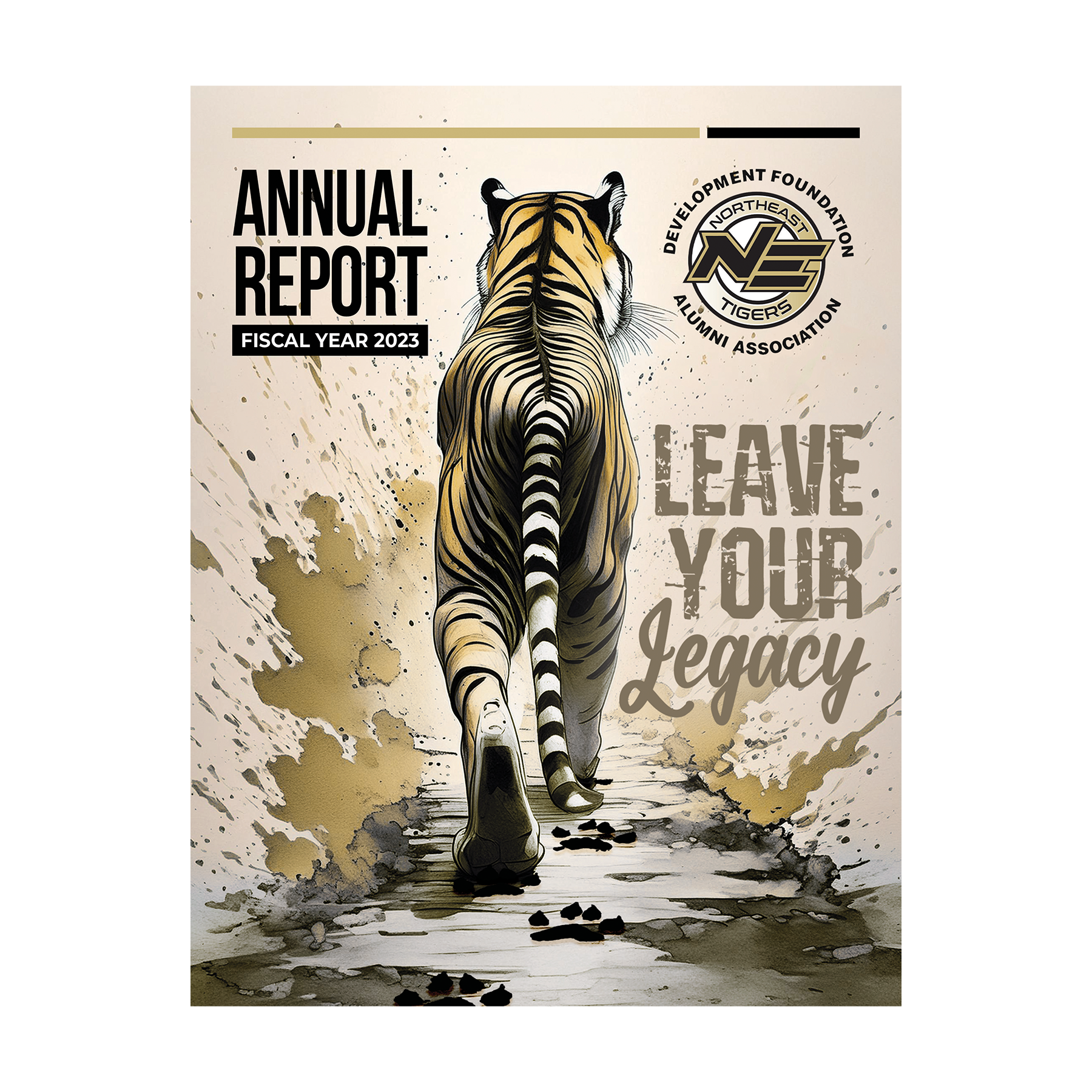 Cover graphic for the FY 2023 Foundation Annual Report featuring a gold tiger walking away leaving footprints with the text "Leave Your Legacy"