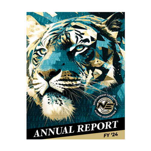 Cover graphic for the FY 2024 Foundation Annual Report featuring a gold tiger walking away leaving footprints with the text "Leave Your Legacy"