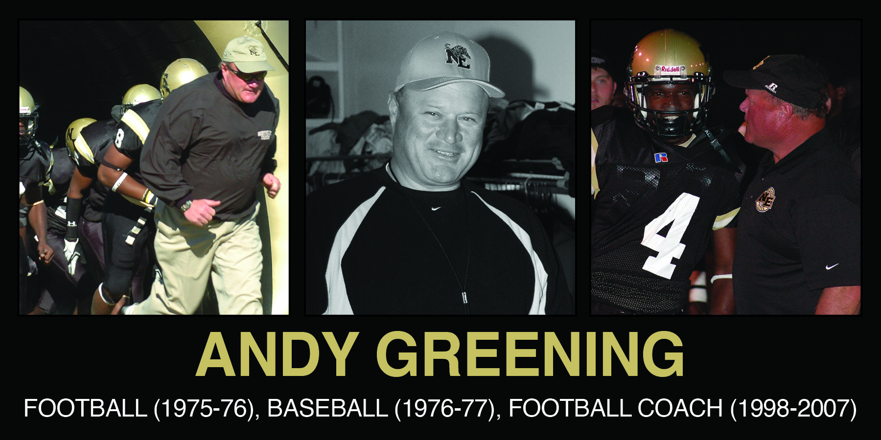 A collage featuring Andy Greening, showcasing his roles in football and baseball, including his coaching career from 1998 to 2007.