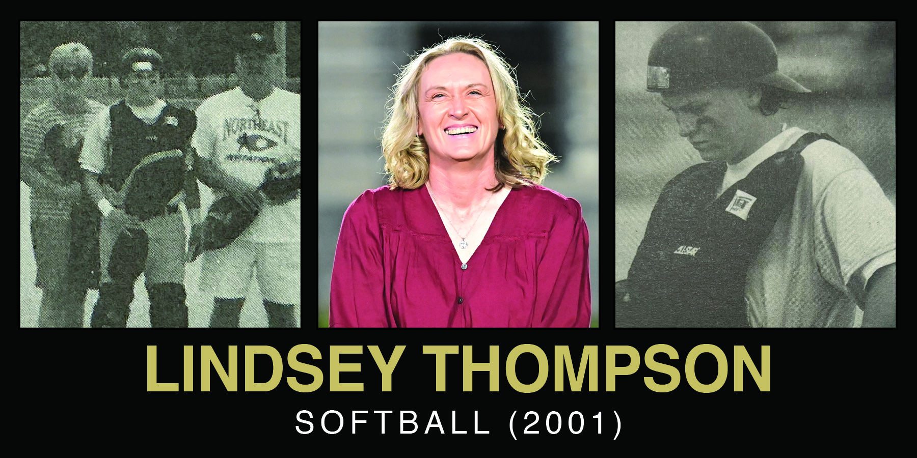 A collage featuring Lindsey Thompson, a softball player from 2001, with images of her in action and a smiling portrait.