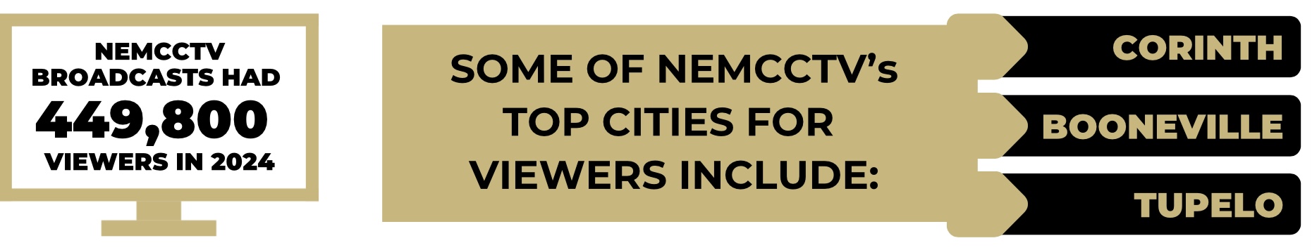 Graphic showing during 2023-2024, NEMCCTV had close to 450,000 viewers. Three of our top ten cities for viewers were Corinth, Booneville, and Tupelo.