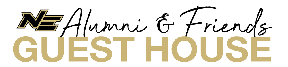 Logo for NE Alumni & Friends Guest House featuring stylized text in black and gold.