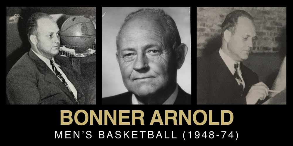 Collection of three historical portraits of Bonner Arnold, a men's basketball coach from 1948 to 1974.
