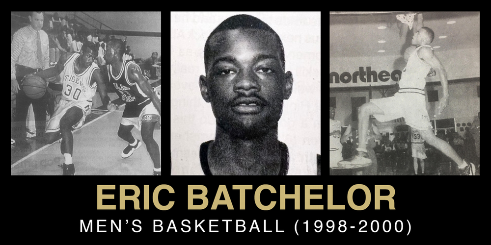 Alt text: Tribute banner for Eric Batchelor featuring action shots from basketball games and a portrait photo, celebrating his career in men's basketball from 1998 to 2000.