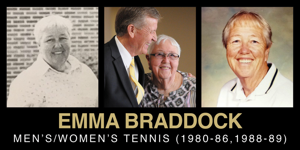 Collage of Emma Braddock, showcasing her contributions to men's and women's tennis from 1980-1986 and 1988-1989, featuring various portraits.