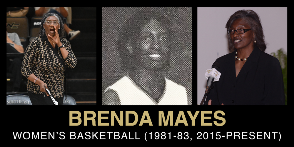 Collage highlighting Brenda Mayes, a former women's basketball player (1981-83) and coach, celebrating her impactful career in the sport.