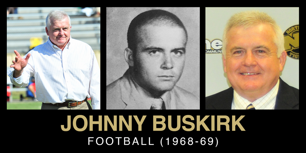 Collage featuring Johnny Buskirk, a football player from 1968-69, with three images showcasing him at different stages of his life.