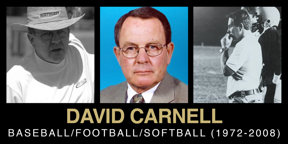 Tribute collage featuring David Carnell, highlighting his contributions to baseball, football, and softball from 1972 to 2008.