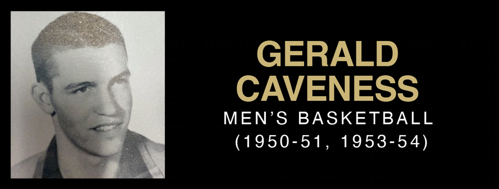 Black and white portrait of Gerald Caveness, a men's basketball player, accompanied by text highlighting his career years (1950-51, 1953-54).