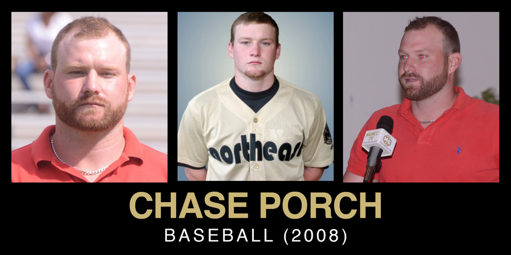 Collage featuring three images of Chase Porch, highlighting his journey in baseball in 2008, including a portrait and an interview snapshot.