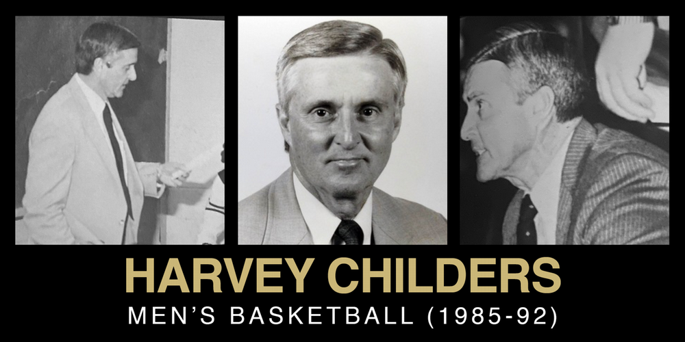 Collage featuring Harvey Childers, a men's basketball coach from 1985 to 1992, with three black-and-white images depicting him in various settings.