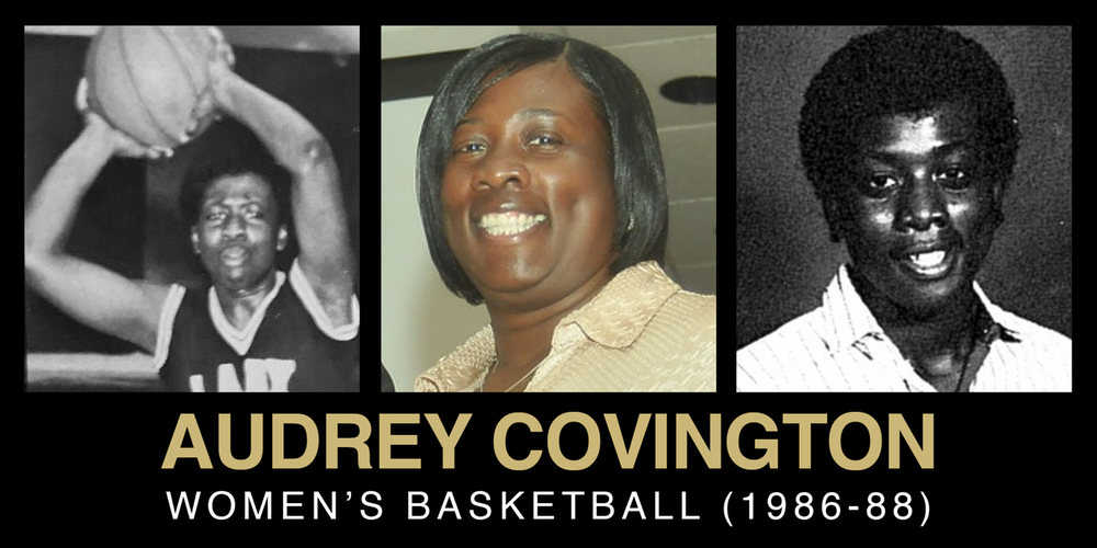 Collage featuring Audrey Covington, a women's basketball player from 1986-88, showcasing her in action on the court, in a candid photo, and in a portrait.