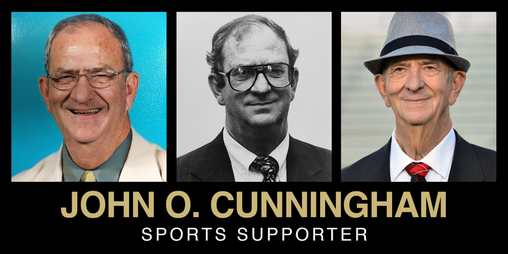 Three images of John O. Cunningham, celebrating his role as a dedicated sports supporter, featuring different poses and expressions.