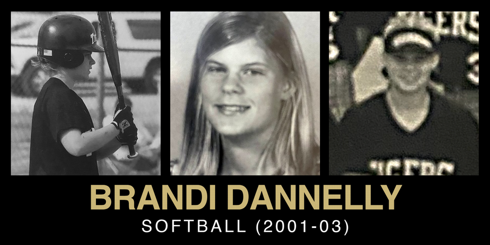Profile collage of Brandi Dannelly showcasing her journey in softball from 2001 to 2003.