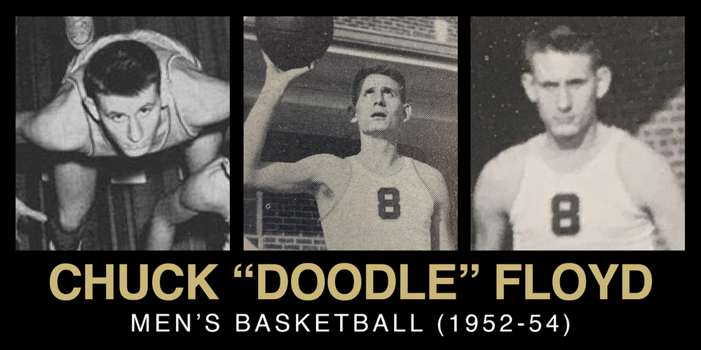 Vintage collage featuring Chuck "Doodle" Floyd, a men's basketball player, showcasing his athleticism and gameplay from 1952 to 1954.