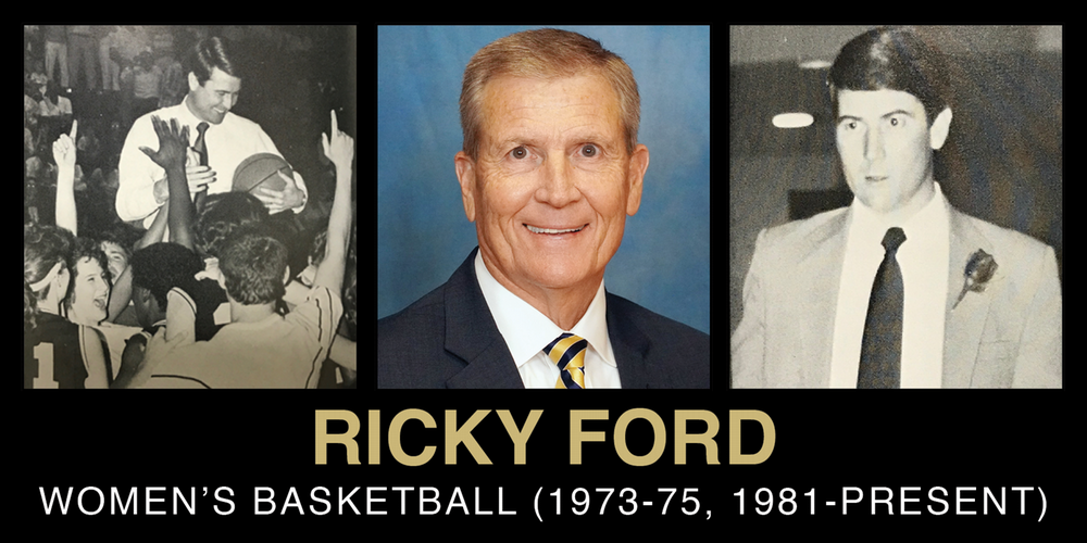 Collage of images featuring Ricky Ford, celebrating his contributions to women's basketball from 1973 to 1975 and 1981 to present.