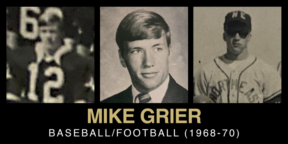 A collage featuring three images of Mike Grier, showcasing his athletic career in baseball and football from 1968 to 1970.