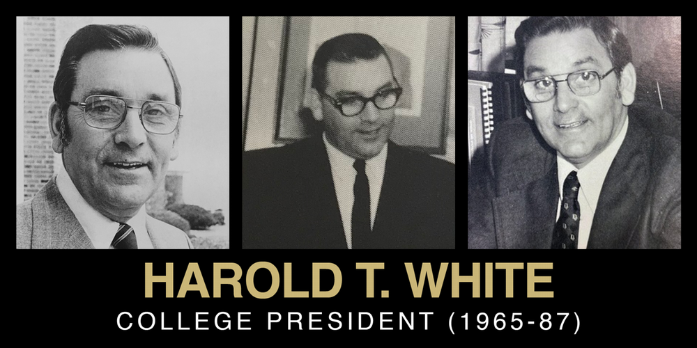 Collage of three portraits of Harold T. White, who served Northeast in many ways from 1965 to 1987 including a rise to college president.