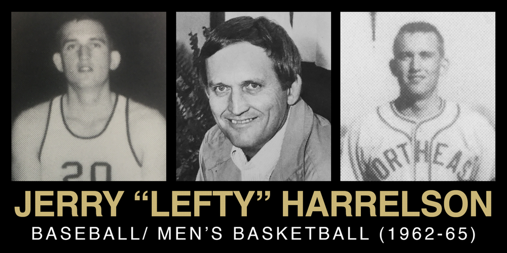 Collage of Jerry "Lefty" Harrelson showcasing his career in men's basketball and baseball from 1962 to 1965, featuring three distinct images of him in athletic attire and a professional portrait.