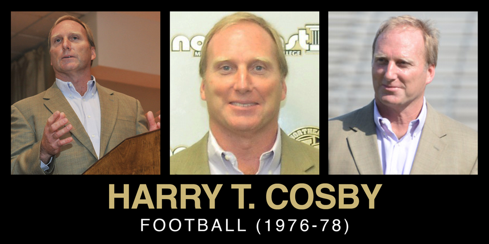 Collage of three portraits of Harry T. Cosby, celebrating his football career from 1976 to 1978, with his name prominently displayed below.