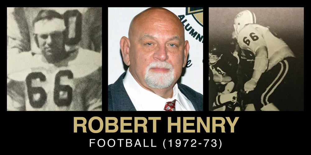 Collage of Robert Henry, showcasing his football career with images from his playing days and a current photograph, highlighting his contributions to the sport from 1972 to 1973.