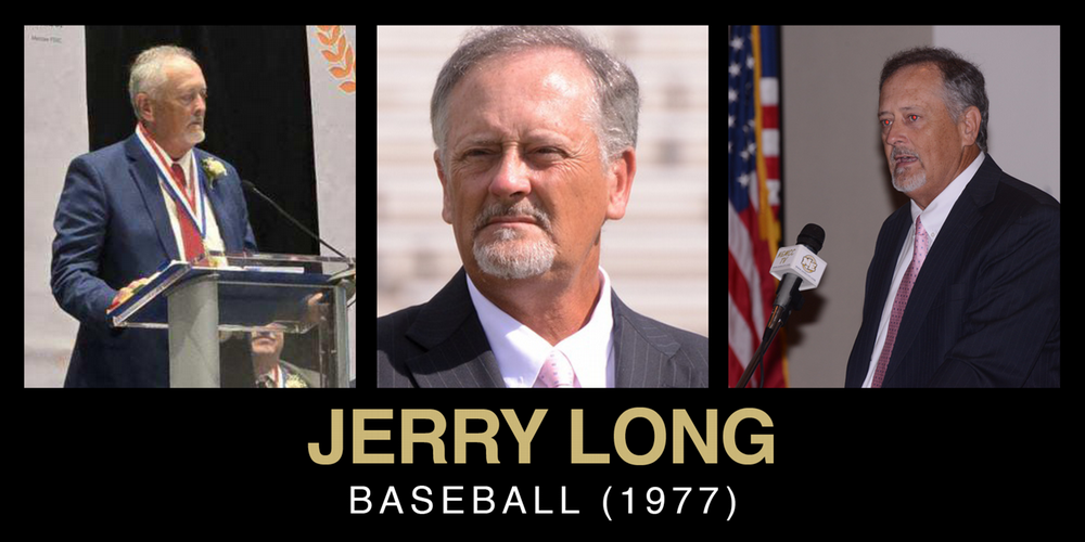 Tribute to Jerry Long, a 1977 baseball inductee, featuring three images of him at award ceremonies and public speaking events.