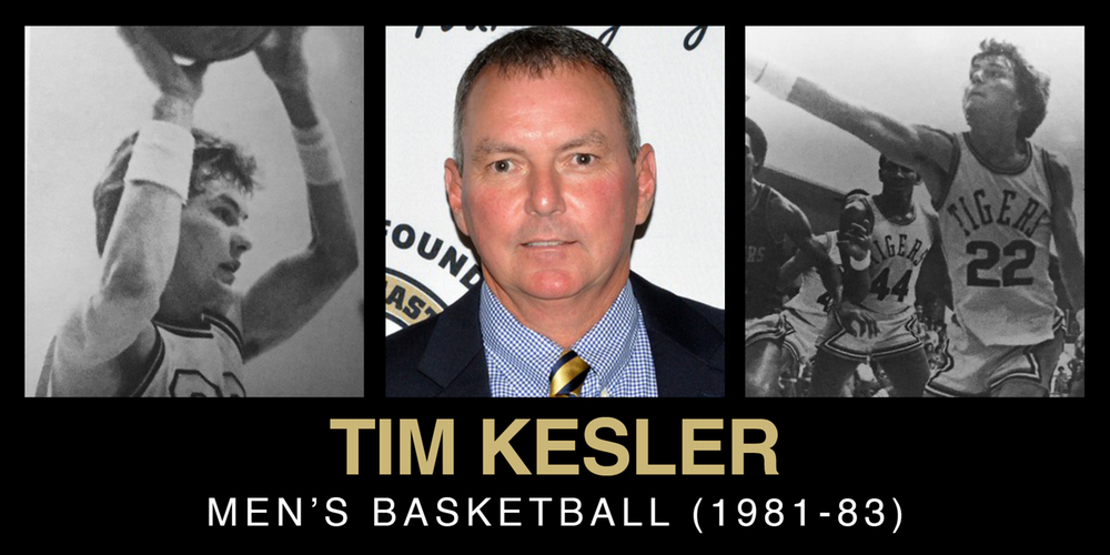 Tim Kesler, former men's basketball player from 1981 to 1983, featured with action shots and a portrait.