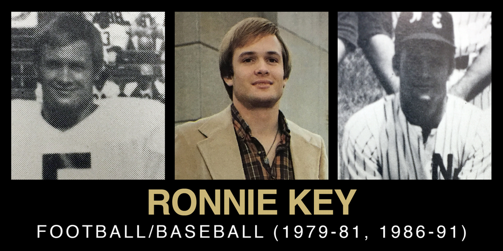 Collage of Ronnie Key, showcasing his athletic career in football and baseball between 1979-1981 and 1986-1991.