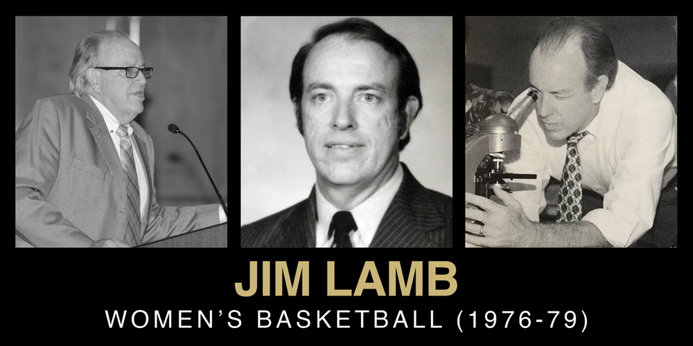 Collage featuring Jim Lamb, a prominent figure in women's basketball from 1976 to 1979, showcasing him in three different settings.