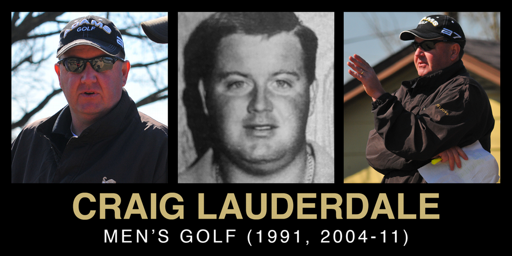 Collage featuring three images of Craig Lauderdale, a men's golf coach, including his coaching moments and a historical photo.