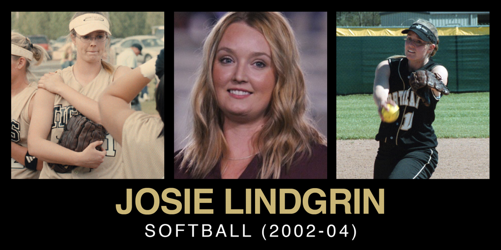 Collage featuring Josie Lindgrin, showcasing her as a softball player during her college career from 2002 to 2004, with images of her in action on the field and a portrait.