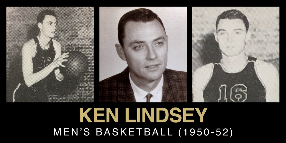 Collage of Ken Lindsey, featuring his basketball playing days, a portrait, and another action shot, highlighting his contribution to men's basketball from 1950 to 1952.