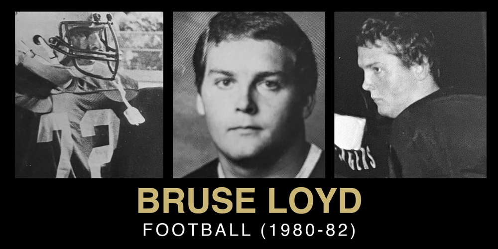 Black and white collage of Bruse Loyd featuring three football-themed photographs highlighting his career from 1980 to 1982.