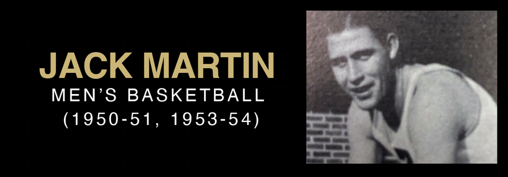 Black and white photograph of Jack Martin, a men's basketball player, with text displaying his name and years of play (1950-51, 1953-54).