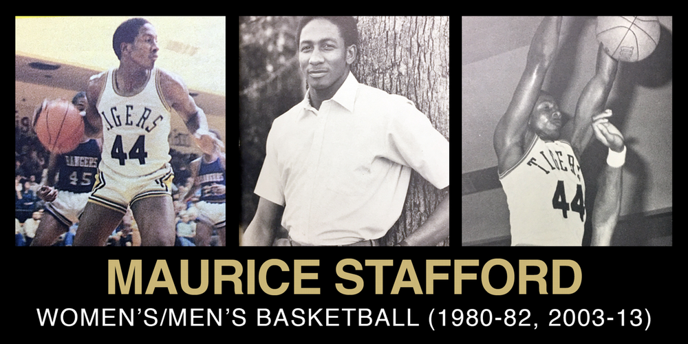 Collage featuring Maurice Stafford, highlighting his contributions to women’s and men’s basketball from 1980-1982 and 2003-2013.