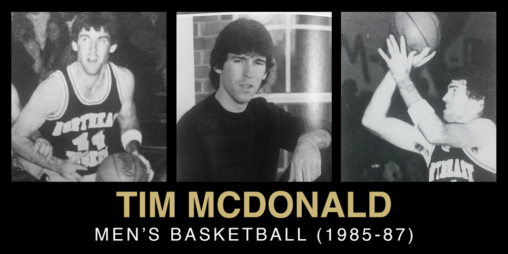 Collage of Tim McDonald, showcasing his basketball career from 1985-87 with action shots and a portrait.