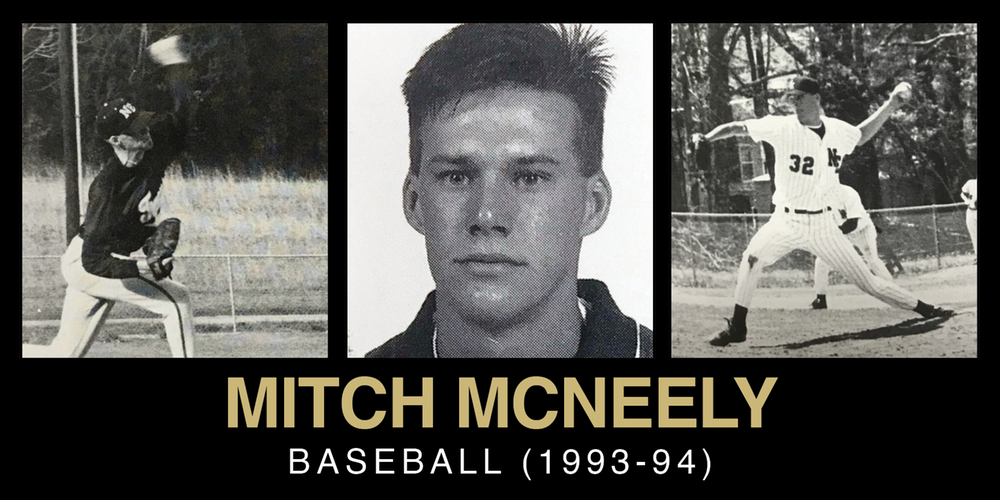Mitch McNeely's baseball highlights from 1993-94, featuring an action shot of him pitching and a portrait.
