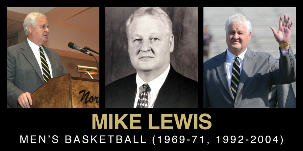 Collage of Mike Lewis, featuring photos of him speaking at an event, a formal portrait, and waving to a crowd, commemorating his contributions to men's basketball from 1969 to 1971 and 1992 to 2004.