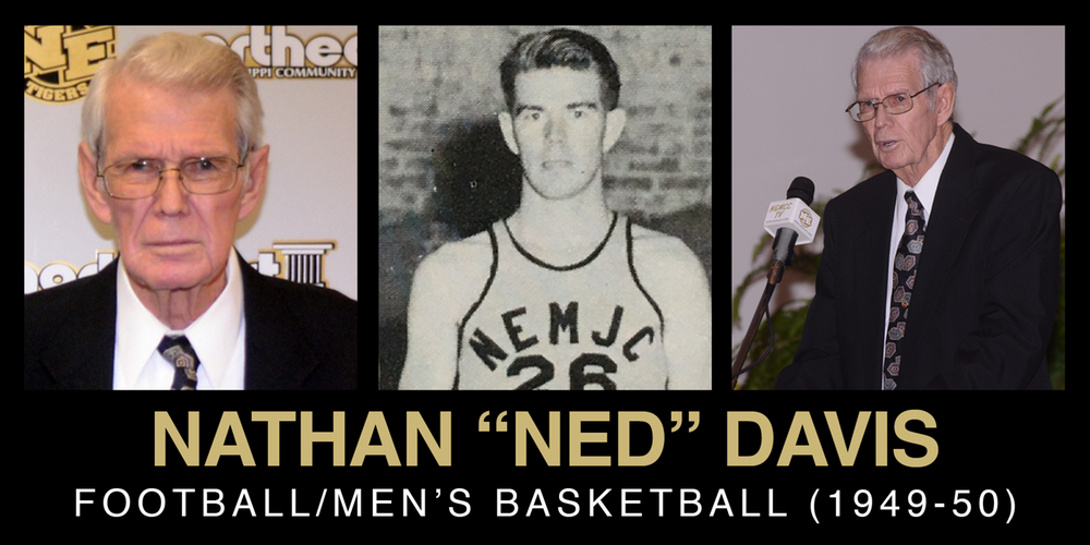 Tribute to Nathan "Ned" Davis, featuring three images that represent his legacy in football and men's basketball from 1949 to 1950.