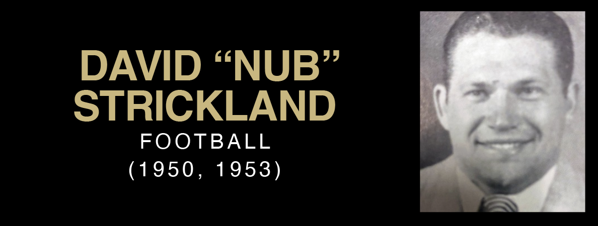 Black and white photo of David "Nub" Strickland, a football player, alongside his name and years of play (1950, 1953).