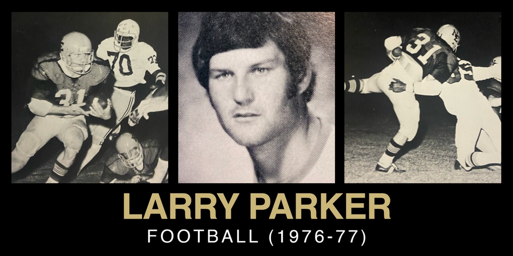 Collage featuring Larry Parker's football highlights from 1976-77, including action shots of him on the field and a portrait.