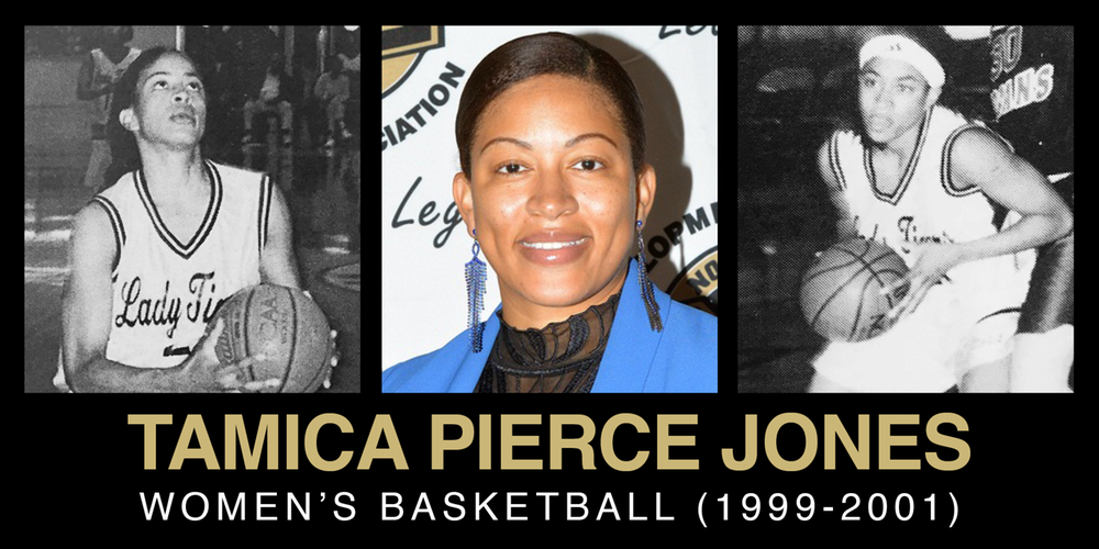 A collage featuring Tamica Pierce Jones, highlighting her career in women's basketball from 1999 to 2001, including a black-and-white action shot and a current photo.