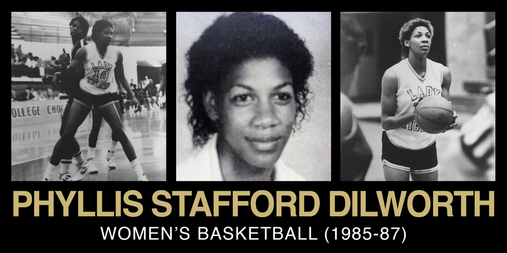 Collage featuring Phyllis Stafford Dilworth, a women's basketball player from 1985 to 1987, highlighting her on-court action and a portrait.