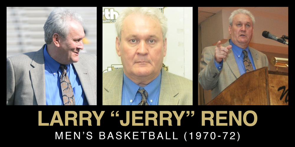 A collage featuring Larry "Jerry" Reno, showcasing three images of him from different angles, highlighting his role in men's basketball from 1970 to 1972.